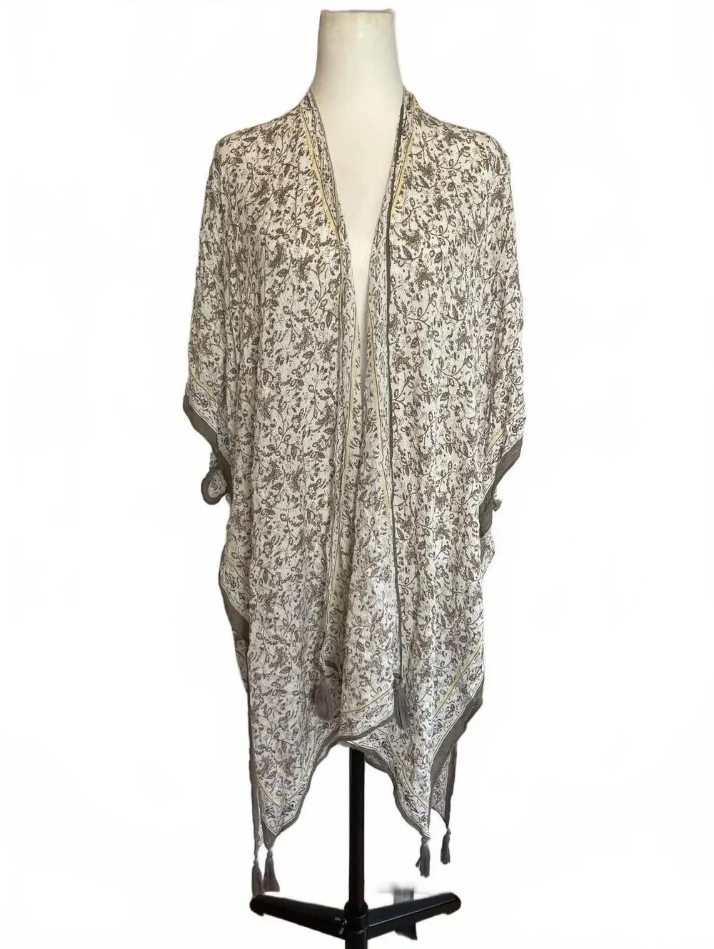 Vince Camuto Boho Wrap Cover Up Kimono Cream Lurex Yellow Olive Rayon Tassel OS